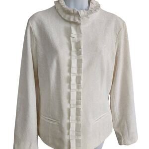 Chico's Size 1 (S) White Light Sweater Jacket Light Tapestry w/ Ruffle Collar